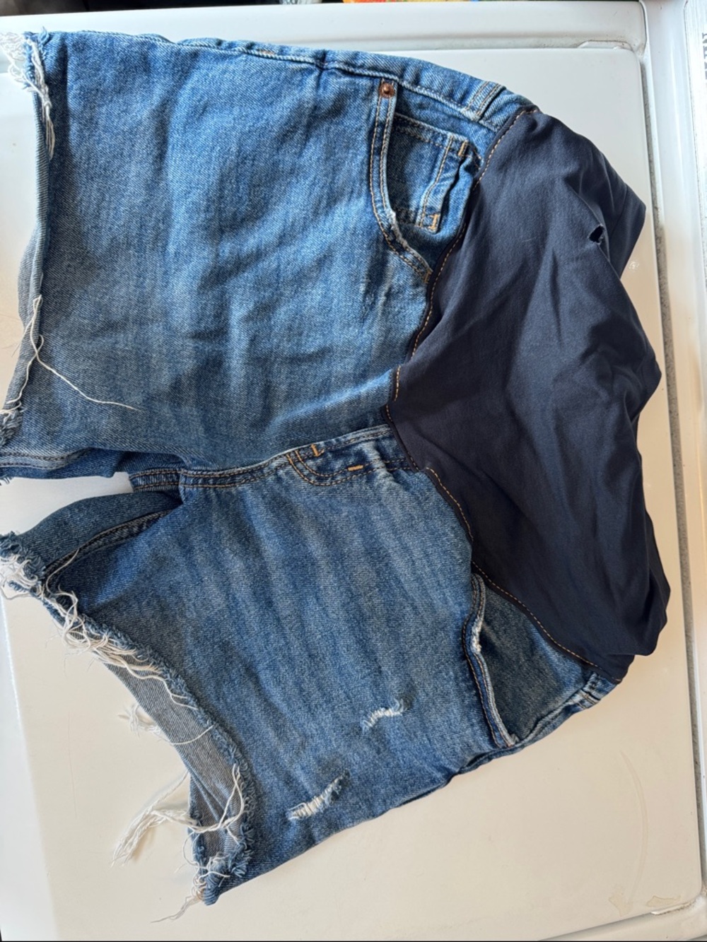Old Navy Maternity Denim Shorts with Navy Stretch Waistband.